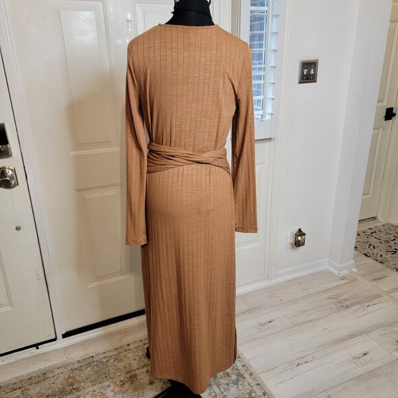 Topshop Tan Ribbed Long Sleeve Midi Dress with Waist Tie | Size 10 - Picture 4 of 12